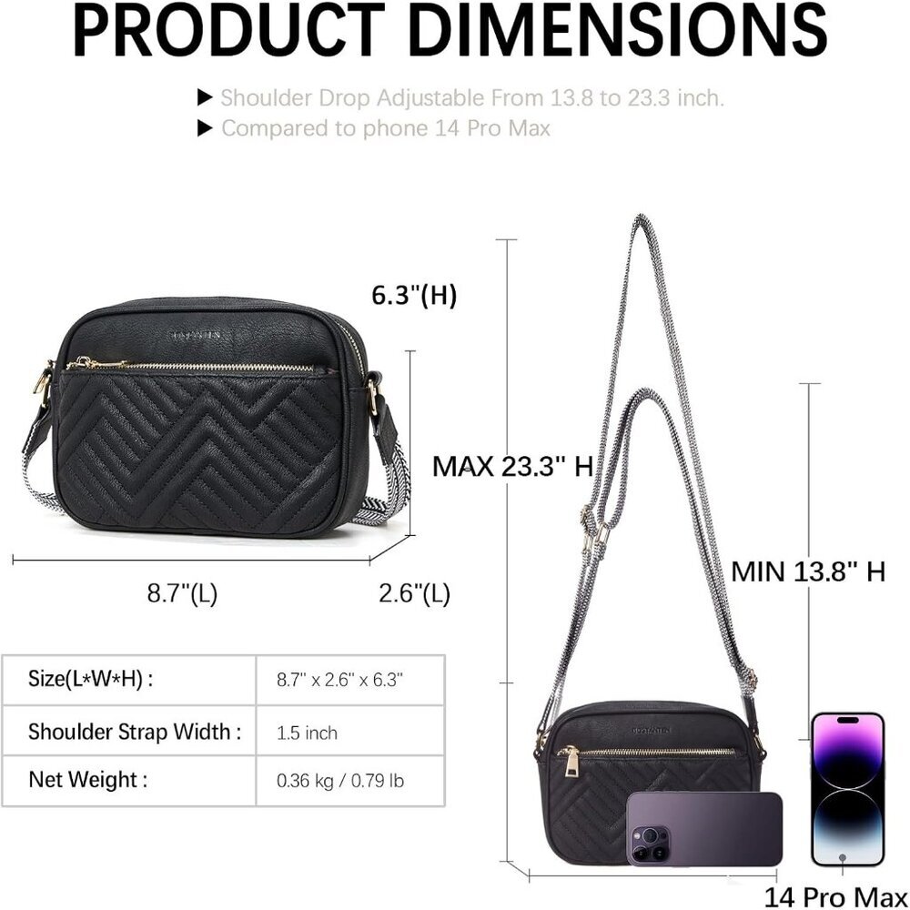 Quilted Vegan Leather Crossbody Black Bag Women Wide Strap and Shoulder Use - Picture 3 of 8